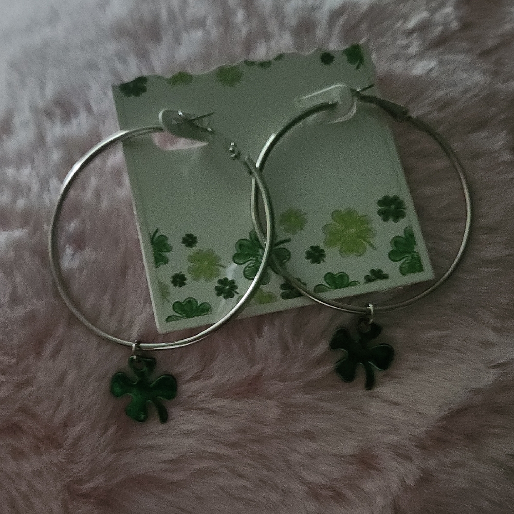 Silver Hoop Earrings with Green Shamrock Charm